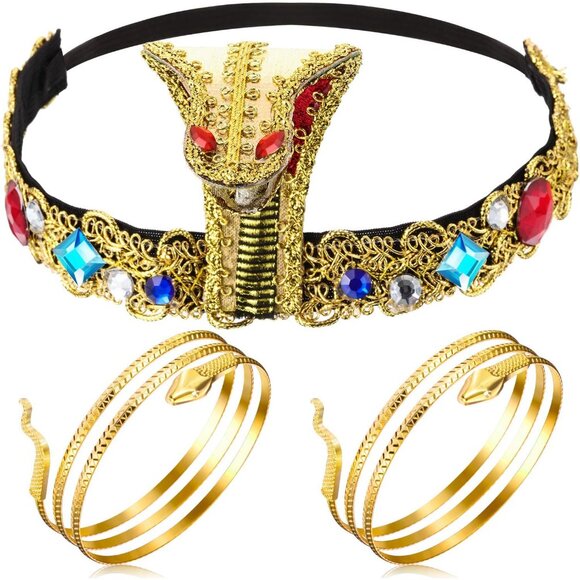 Egyptian Costume Accessories Women Headpiece and Snake Arm Cuffs Gold - Picture 1 of 6